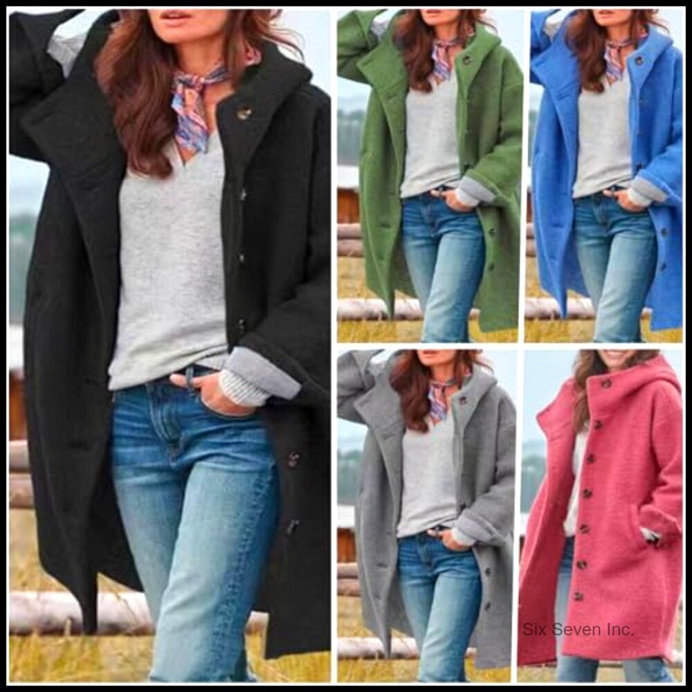 Wool Pea Coat Hooded Trench Casual Oversized Classic Winter Jacket Women - Picture 4 of 4
